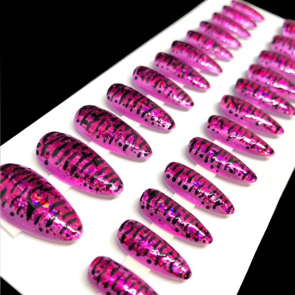 Press On Nails Handmade UV Gel Medium Length Almond Shape Pink Metallic Zebra